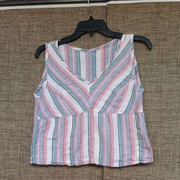 Linen Striped Sleeveless Top - Pink, Blue, White - Picture 1 of 2